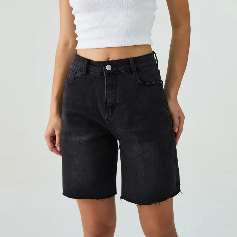 Women's Vintage Mid-Rise Tassel Hem Denim Bermuda Shorts, Stretch Baggy Casual Jean Shorts for Everyday Wear