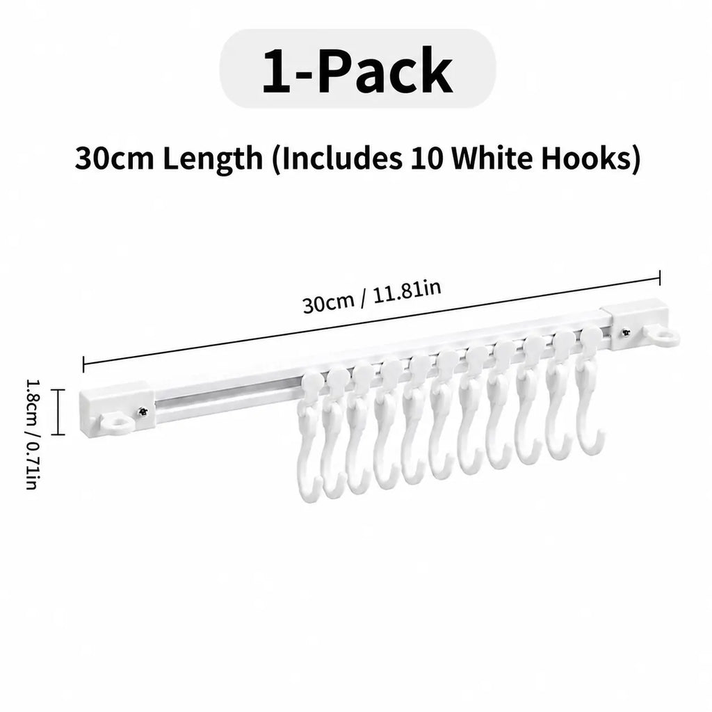 Adjustable 10-Hook Adhesive Slide Rail Wall Organizer, Hanging Storage Rack for Kitchen, Bathroom & Bedroom