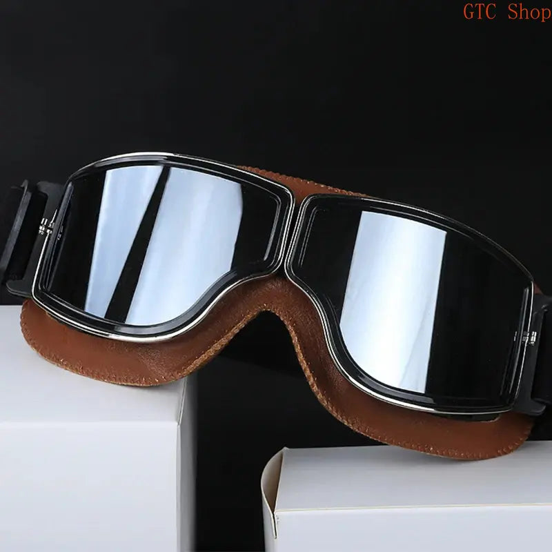 Vintage Leather-Trim Motorcycle Aviator Goggles with Adjustable Strap