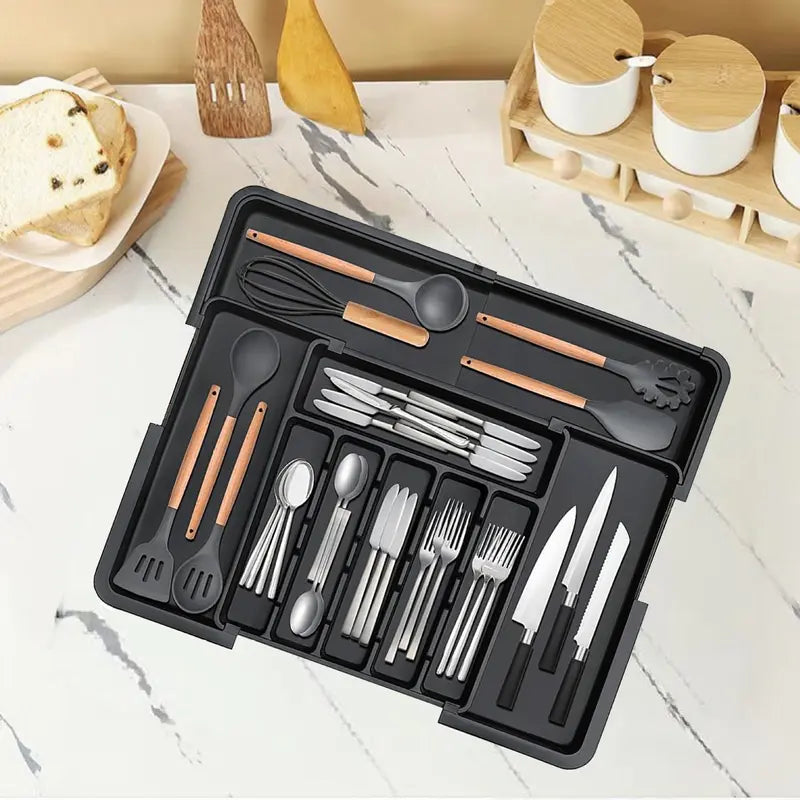 TidyArc Extra-Large Expandable Silverware Organizer – Black