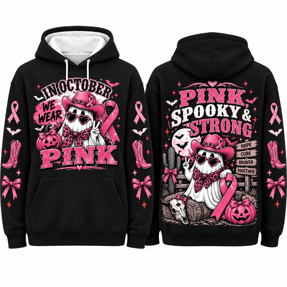In October We Wear Pink Spooky Halloween Pink Ribbon Hoodie