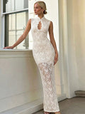 Women's Lace Floral Cutout Bodycon Maxi Dress, Sleeveless High Neck Slit Evening Dress for Party, Date & Formal Events