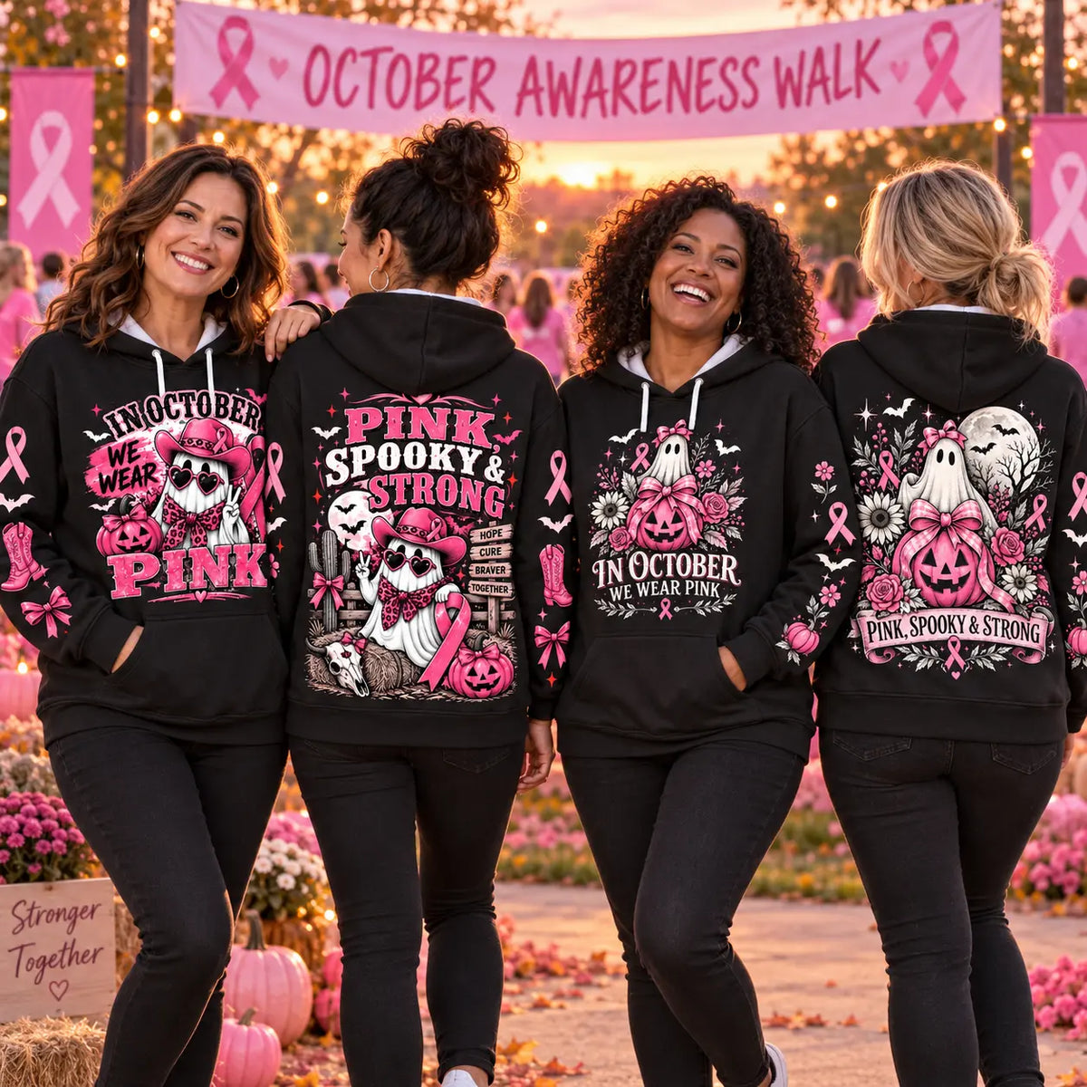 In October We Wear Pink Spooky Halloween Pink Ribbon Hoodie