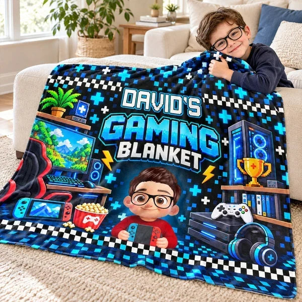 Personalized Fleece Blanket with Cartoon Gamer Holding a Controller, Blue Pixel Art, Unique Gift for Son - 7