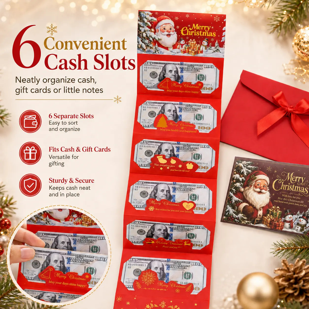 2/4-Pack Christmas Money Envelopes with 6-Slot Folding Cash Holders for Holiday Gifts & Gift Cards