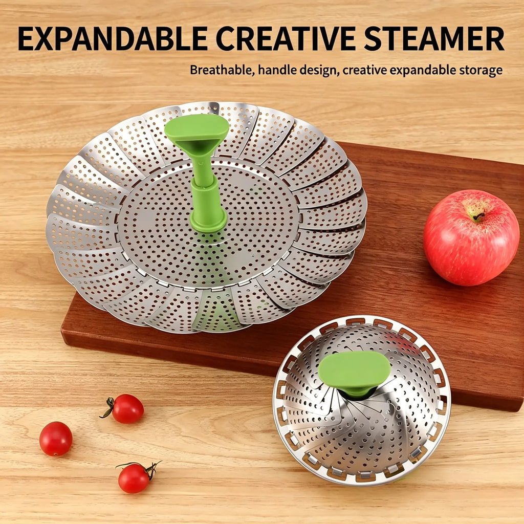 Expandable Stainless Steel Steamer Basket with Extendable Handle, Folding Insert for Various Pot Sizes