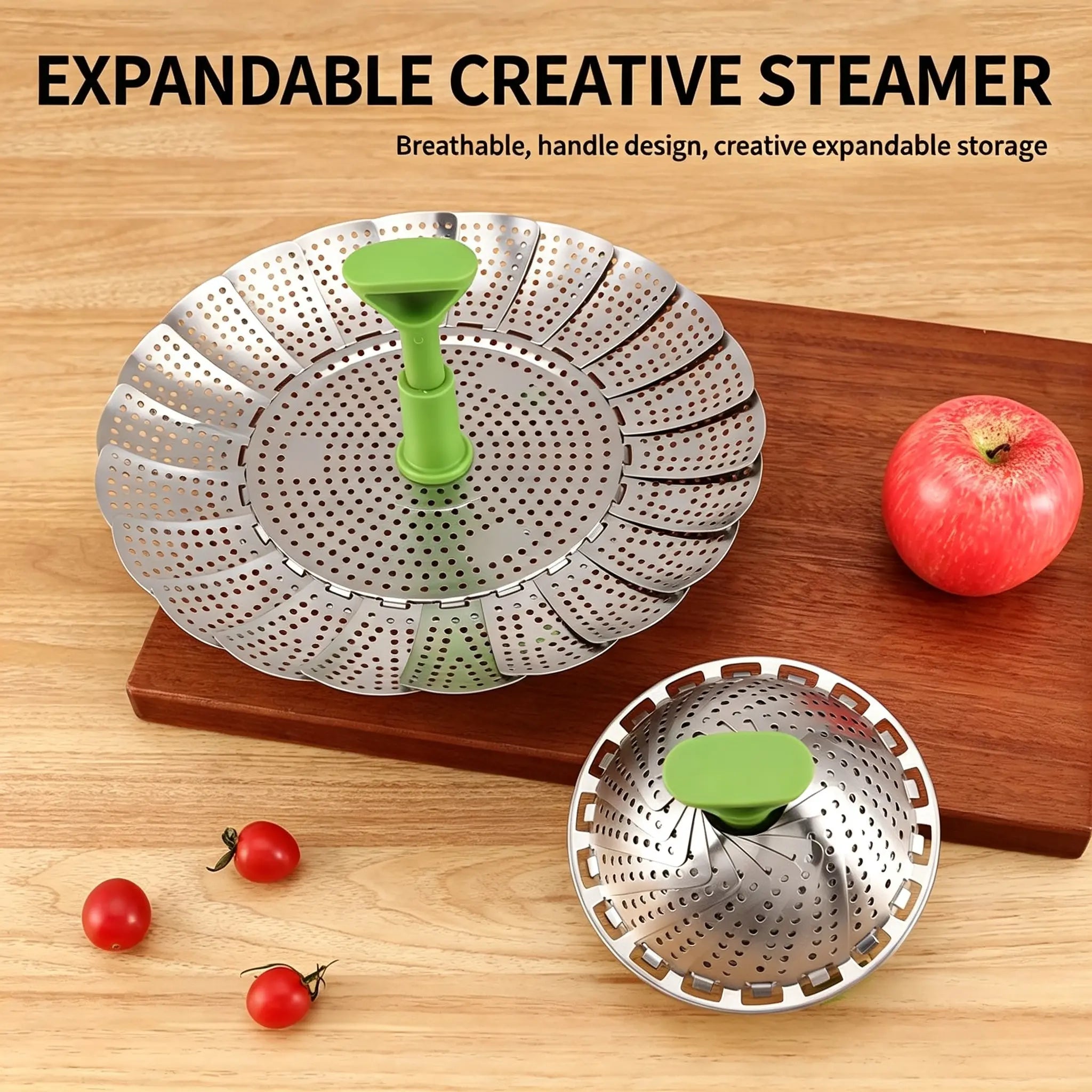 Expandable Stainless Steel Steamer Basket with Extendable Handle, Folding Insert for Various Pot Sizes