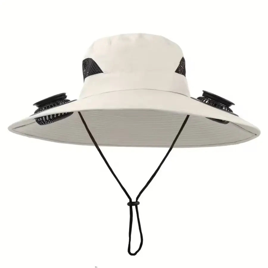 Wide-Brim Solar Fan Sun Hat for Men with Dual Cooling Fans & Adjustable Chin Strap