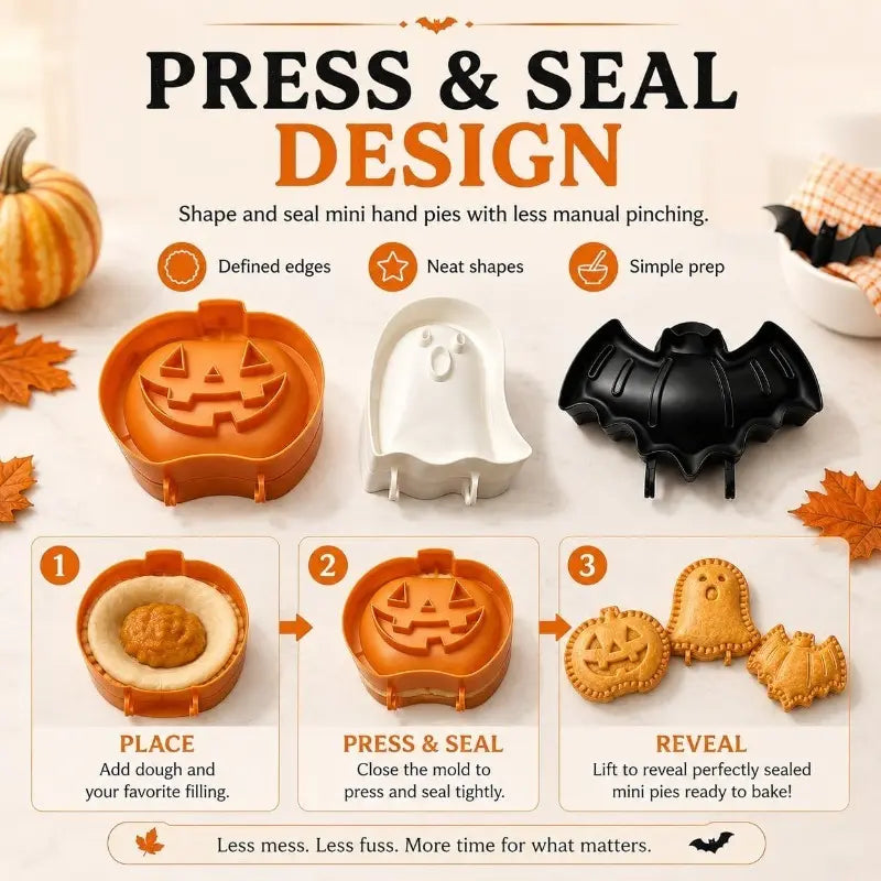 3-Pack Halloween Press-and-Seal Hand Pie Molds – Pumpkin, Ghost & Bat