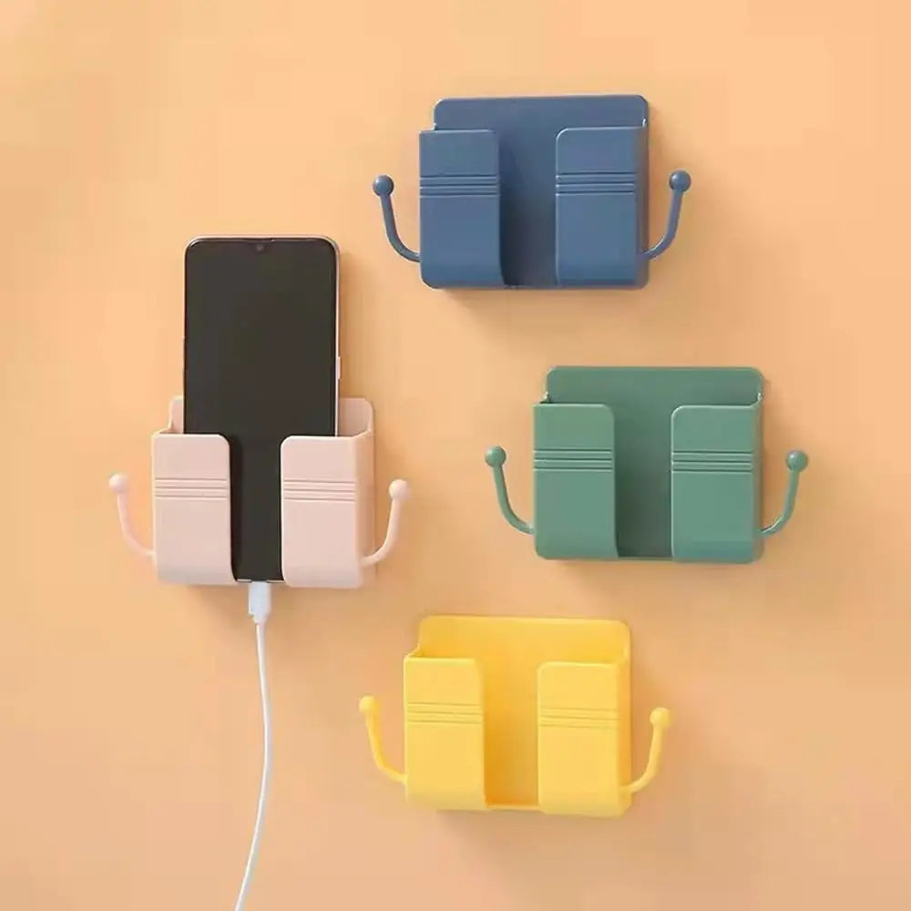 Pink-Self-Adhesive Wall-Mounted Phone Holder & Remote Control Organizer — No-Drill, Multifunctional Wall Storage Rack. Ideal for Bedrooms, Bathrooms, and Kitchens; Holds Mobile Phones (including while charging), TV/AC Remotes, Glasses, and Keys.