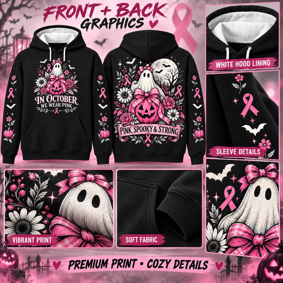 In October We Wear Pink Spooky Halloween Pink Ribbon Hoodie