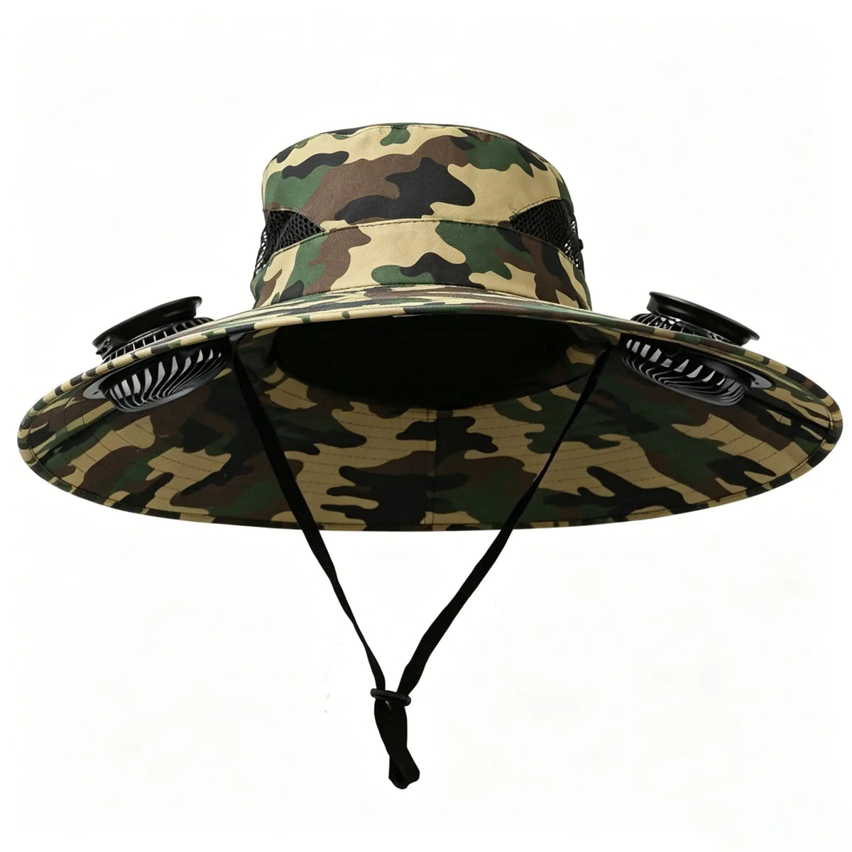 Wide-Brim Solar Fan Sun Hat for Men with Dual Cooling Fans & Adjustable Chin Strap