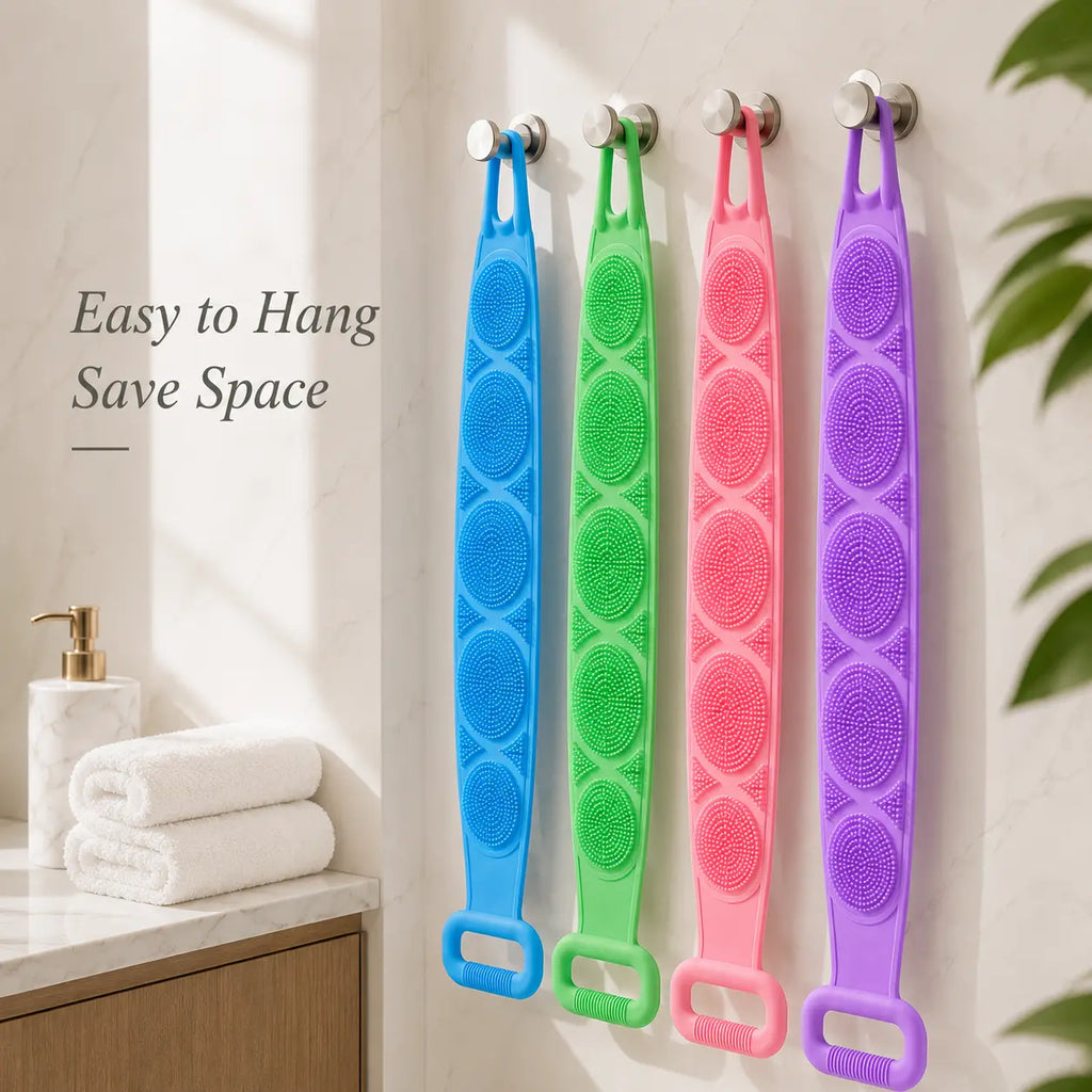 Double-Sided Silicone Bath Brush with Mesh Sponge, Long Back Scrubber Strap with Soft Bristles & Handles for Full-Body Cleansing