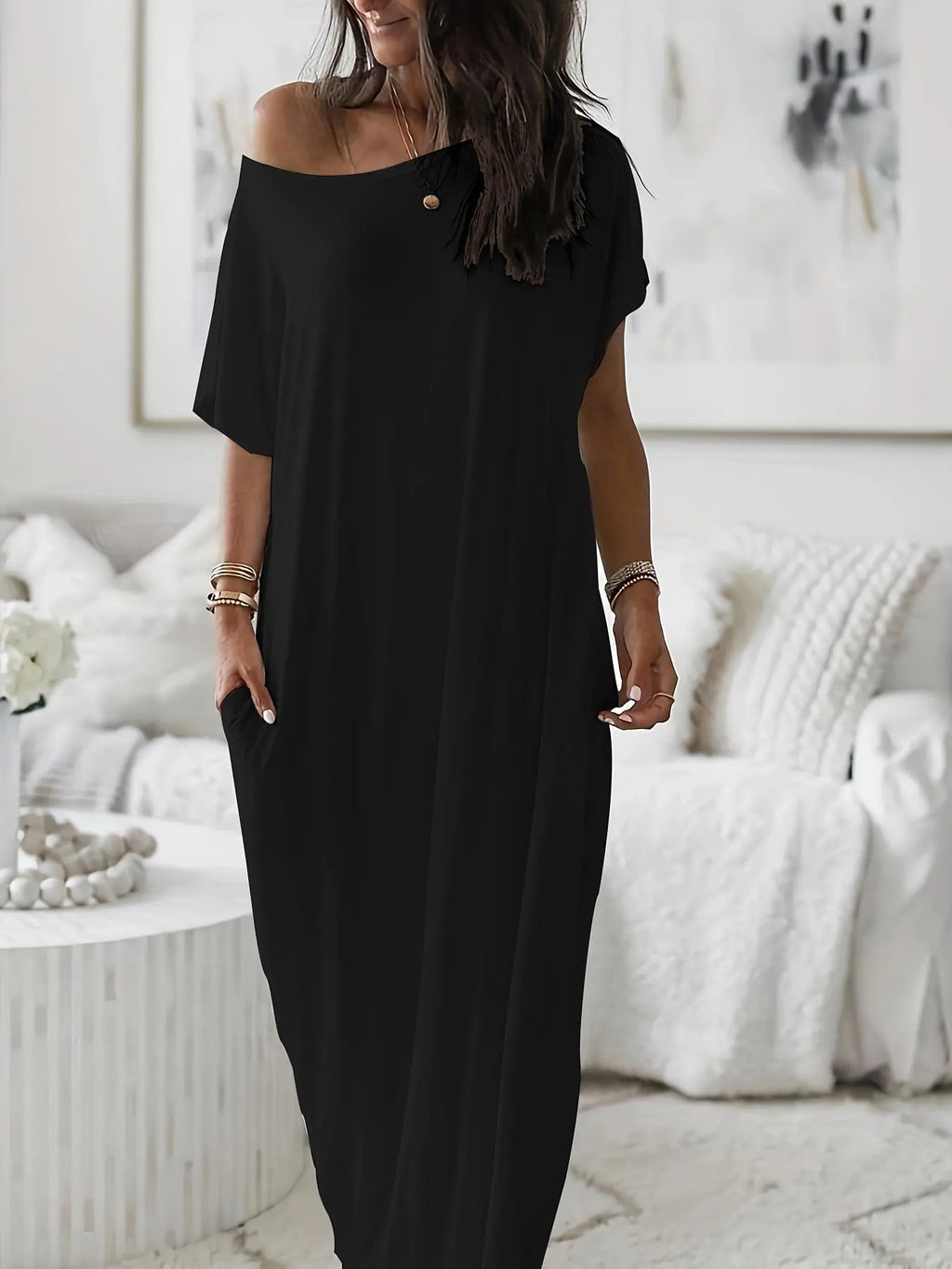 Women's Solid Color Batwing Sleeve Lounge Dress, Casual Short Sleeve Nightdress for Daily Wear & All Seasons Comfort