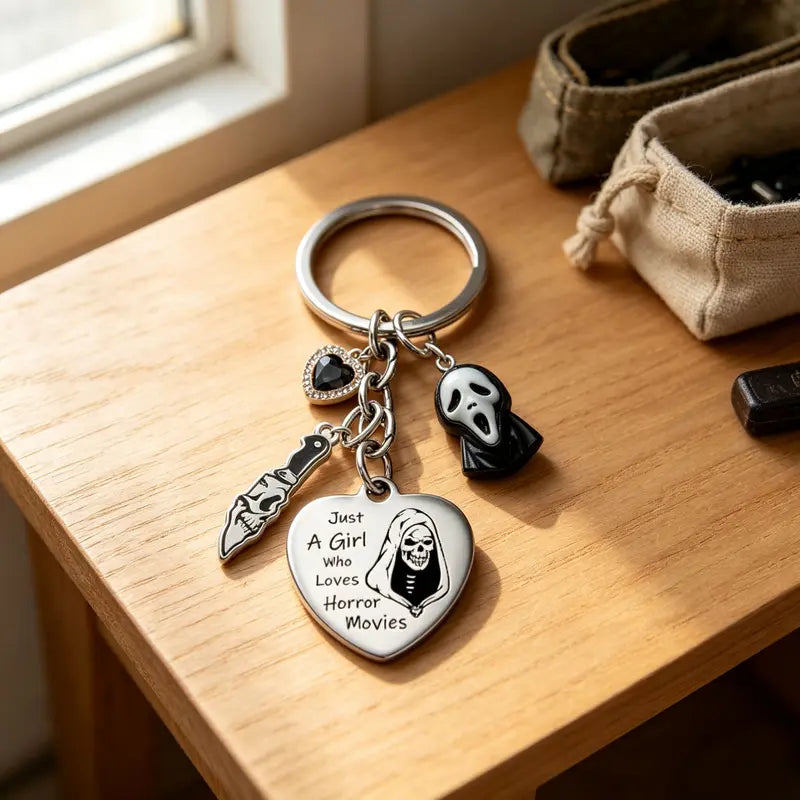 “Just a Girl Who Loves Horror Movies” Gothic Heart Keychain
