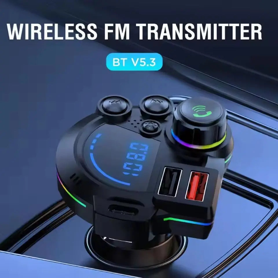 30W PD Bluetooth 5.3 FM Transmitter Car Charger with Dual USB Ports, Hands-Free Calling & RGB Light for 12V–24V Vehicles