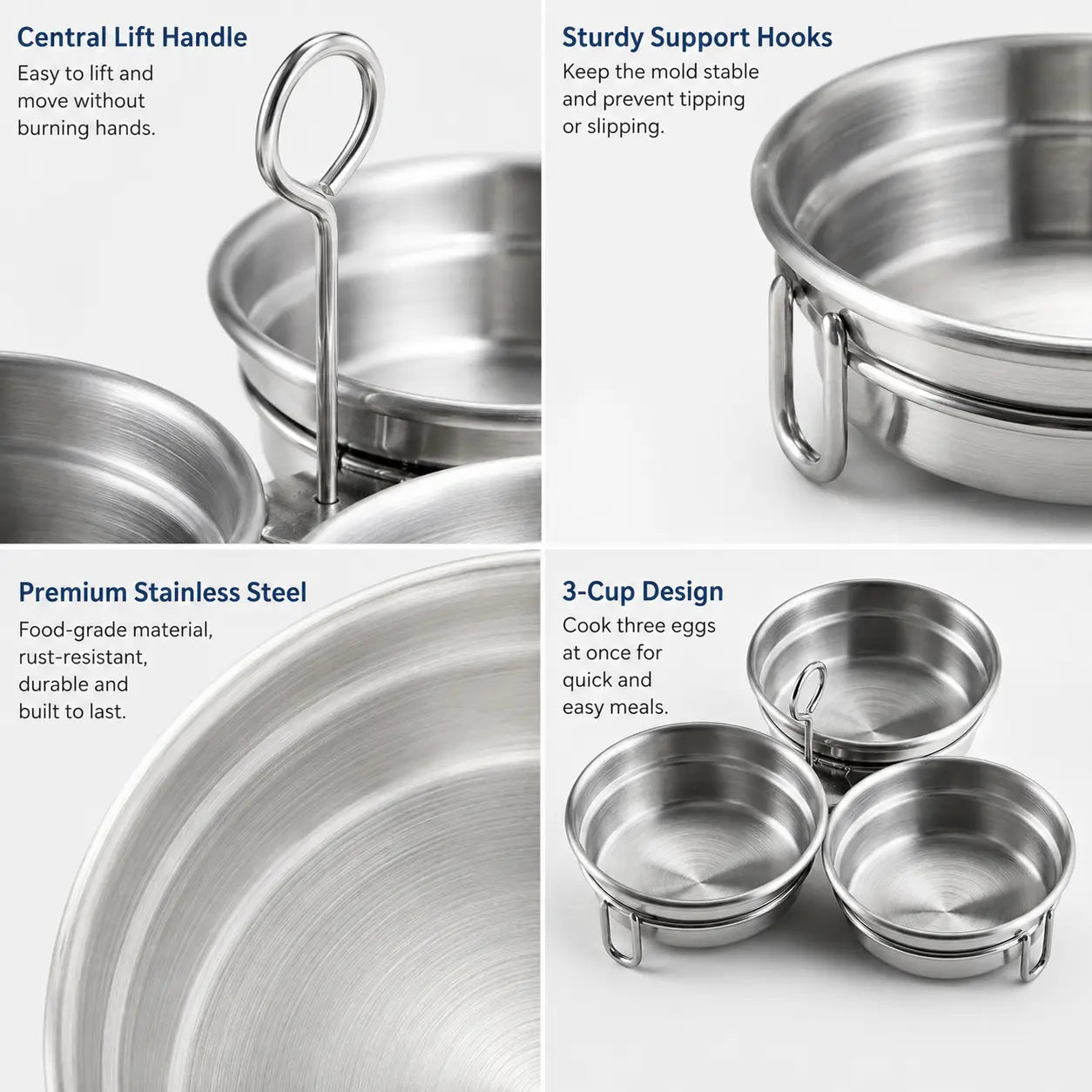 1 Count Stainless Steel Egg Poacher, 3 Cavity Steaming Egg Mold with Handle for Home Kitchen Steamed Egg and Dessert Making