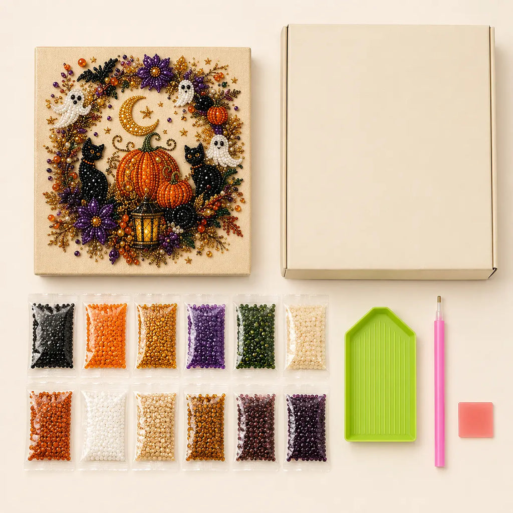 Halloween 5D Diamond Painting Kit with Tools, DIY Gem Art Canvas for Adults & Teens, Pumpkin Ghost Witch Cat Wall Decor Craft