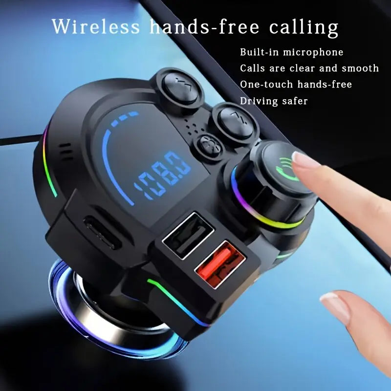30W PD Bluetooth 5.3 FM Transmitter Car Charger with Dual USB Ports, Hands-Free Calling & RGB Light for 12V–24V Vehicles