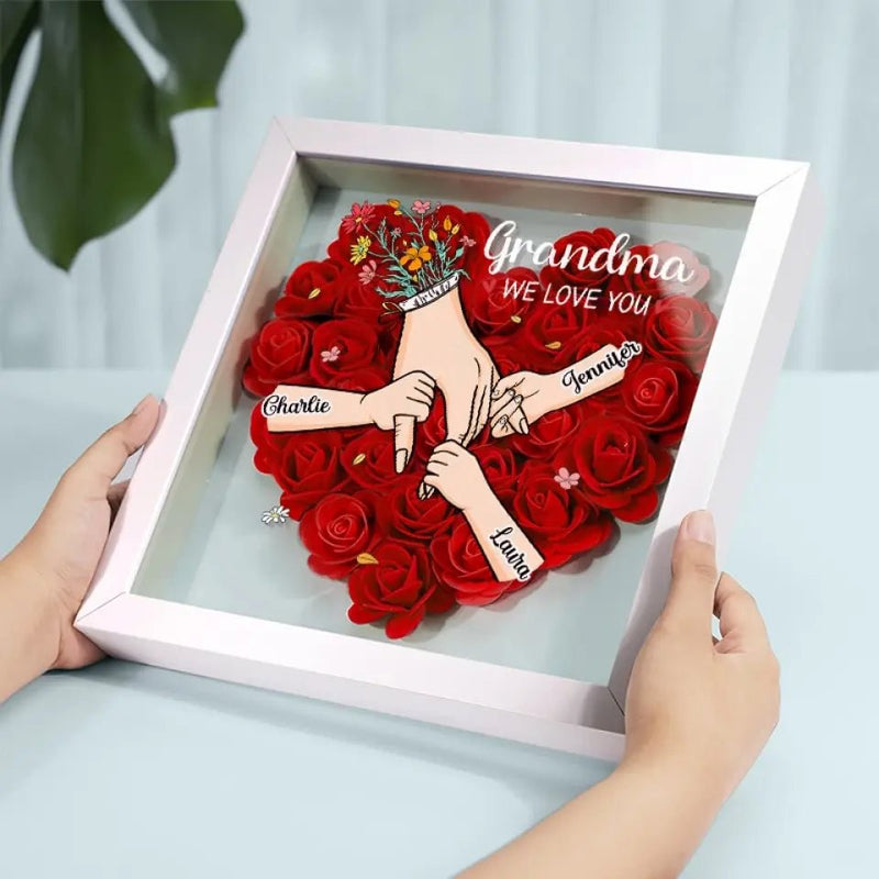 We Love You Mommy Hand Holding - Personalized Flower Shadow Box