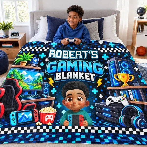 Personalized Fleece Blanket with Cartoon Gamer Holding a Controller, Blue Pixel Art, Unique Gift for Son - 3