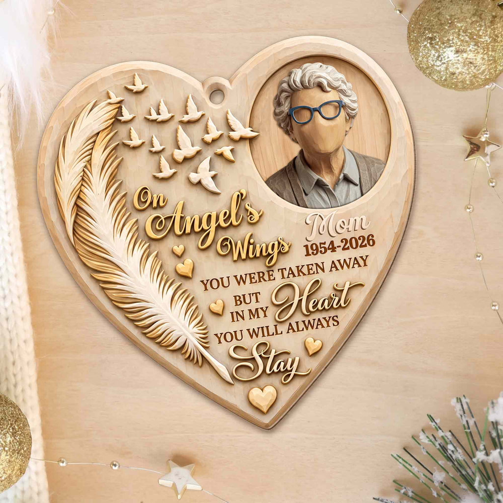 On Angel's Wings, Personalized Custom Wood Ornament, Memorial Gift - 5