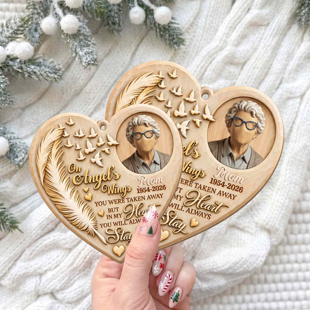 On Angel's Wings, Personalized Custom Wood Ornament, Memorial Gift - 6
