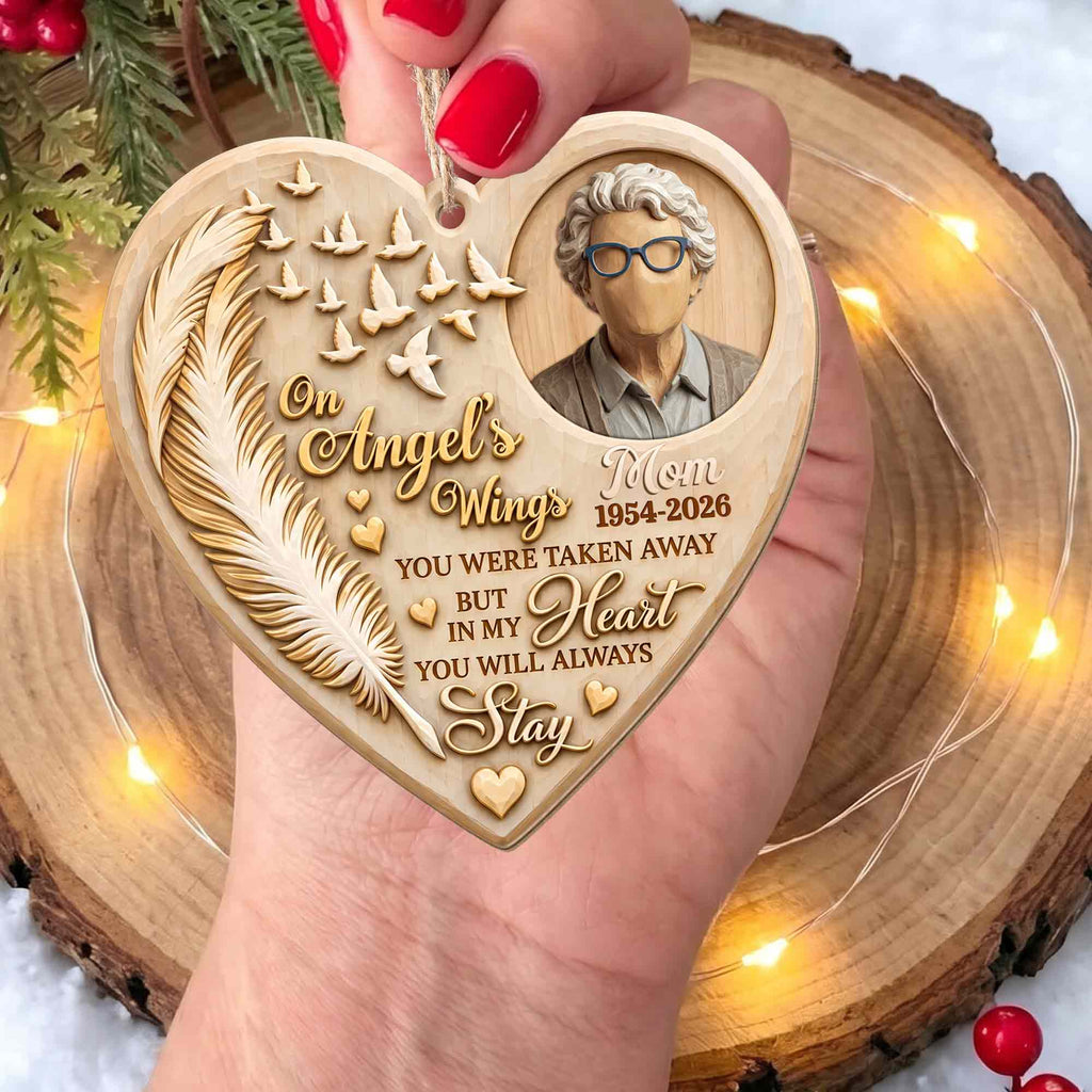 On Angel's Wings, Personalized Custom Wood Ornament, Memorial Gift - 10