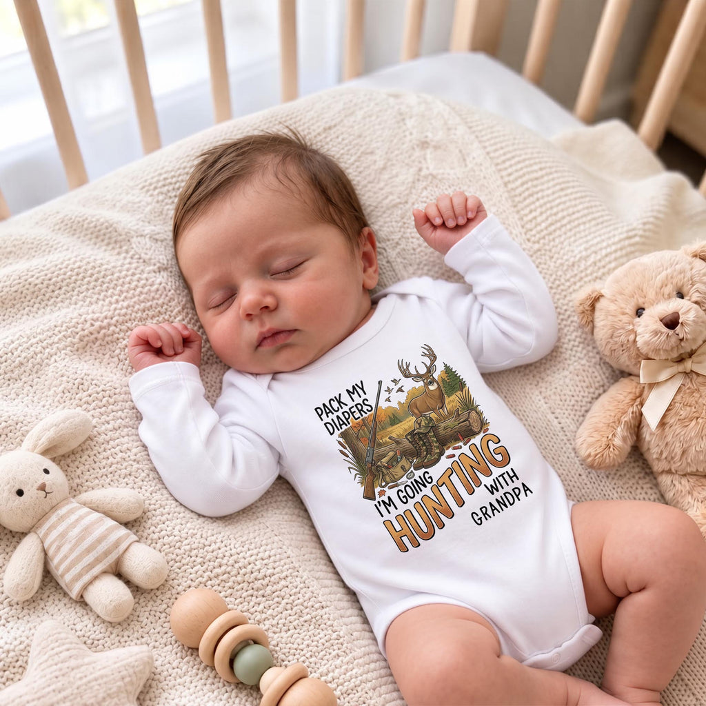 Pack My Diapers Hunting With Grandpa, Personalized Long Sleeve Baby Onesie - 13
