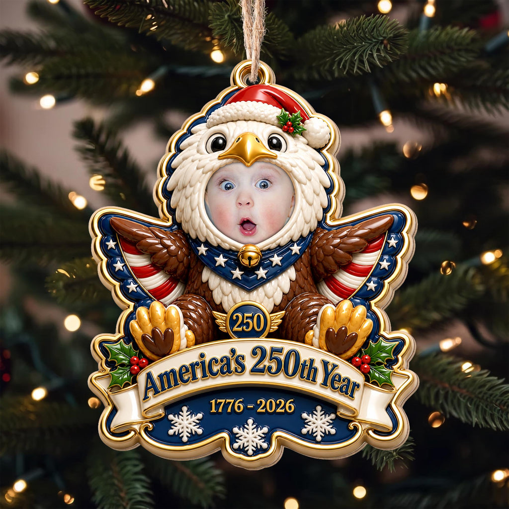 America's 250th Year Patriotic Eagle, Personalized Custom Wood Ornament, Gift For Grandkids - 1