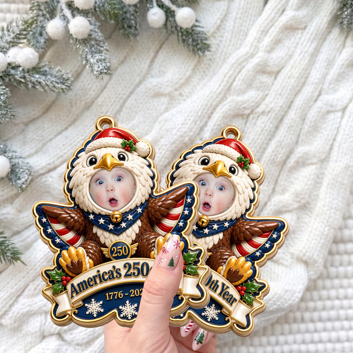 America's 250th Year Patriotic Eagle, Personalized Custom Wood Ornament, Gift For Grandkids - 5