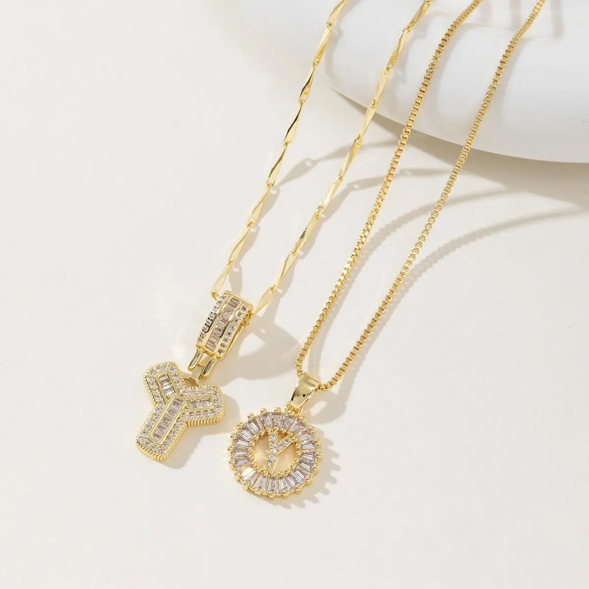 Women’s Gold-Plated Zircon Initial Pendant Layered Necklace Set