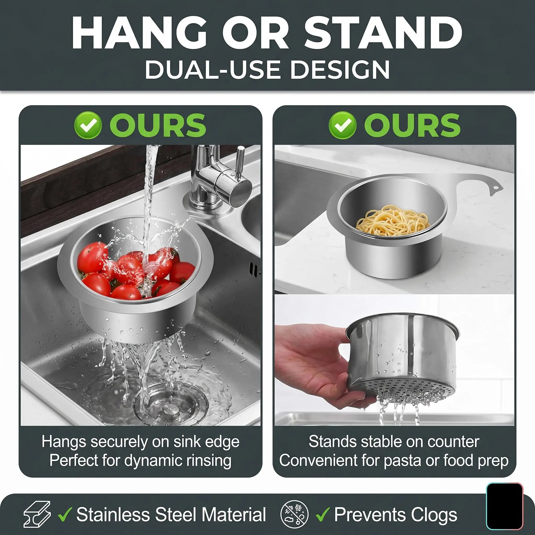 Stainless Steel Swan Sink Strainer Basket, Hanging Drain Filter for Fruit, Vegetables & Kitchen Sink Storage