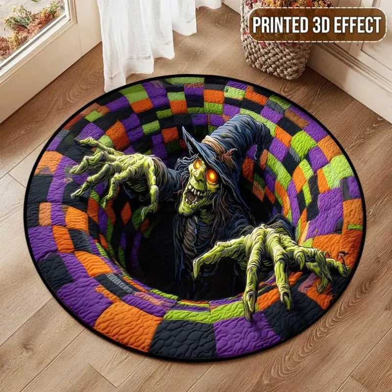 3D Skeleton Vortex Optical Illusion Round Rug, Soft Non-Slip Halloween Mat for Living Room & Indoor Decor