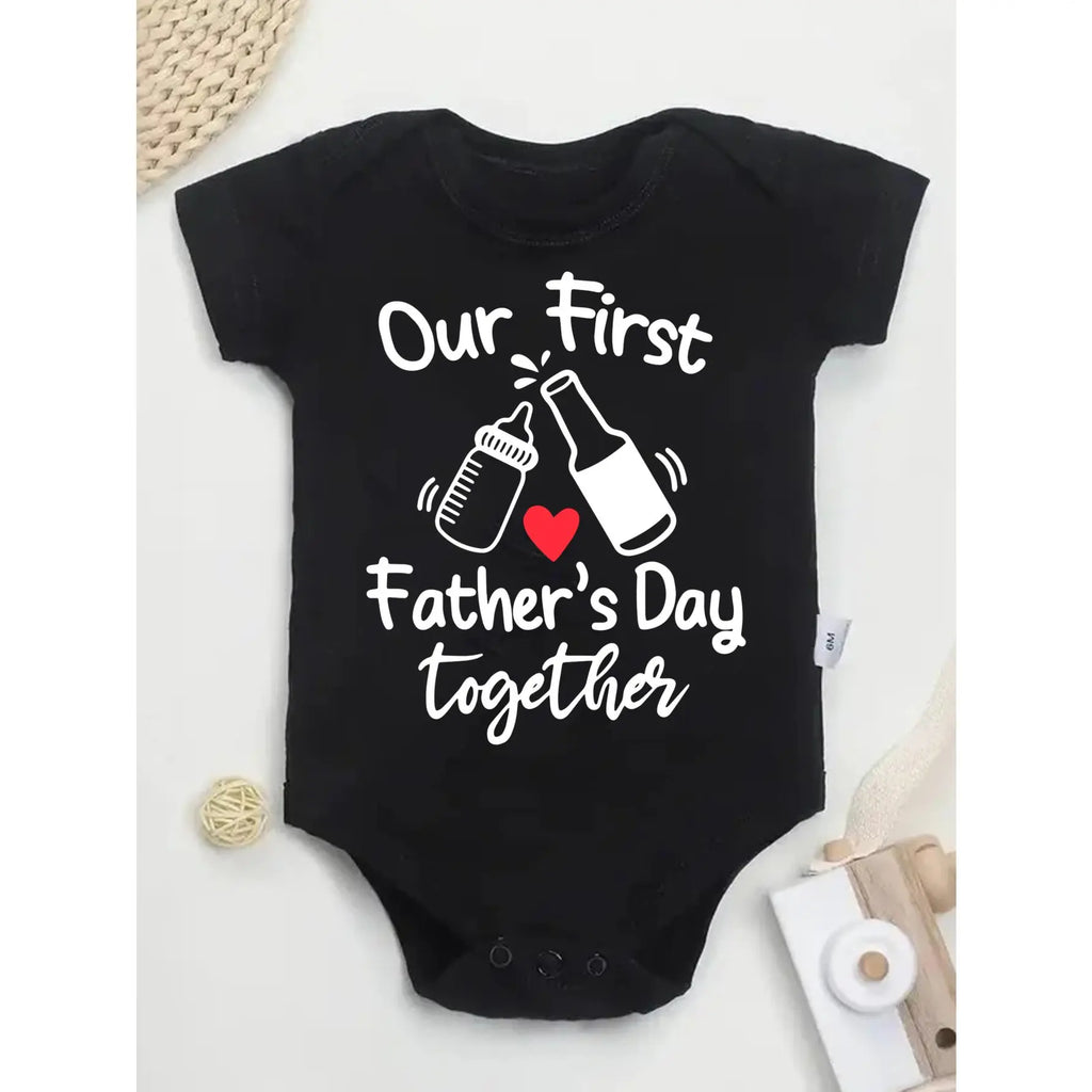 Cute Baby Bodysuit with Our First Fathers Day Together Bottle And Beer Design Print Soft Versatile Round Neck Button Detail Regular Fit All Seasons Knitted Fabric Onesie for 0-12 Months