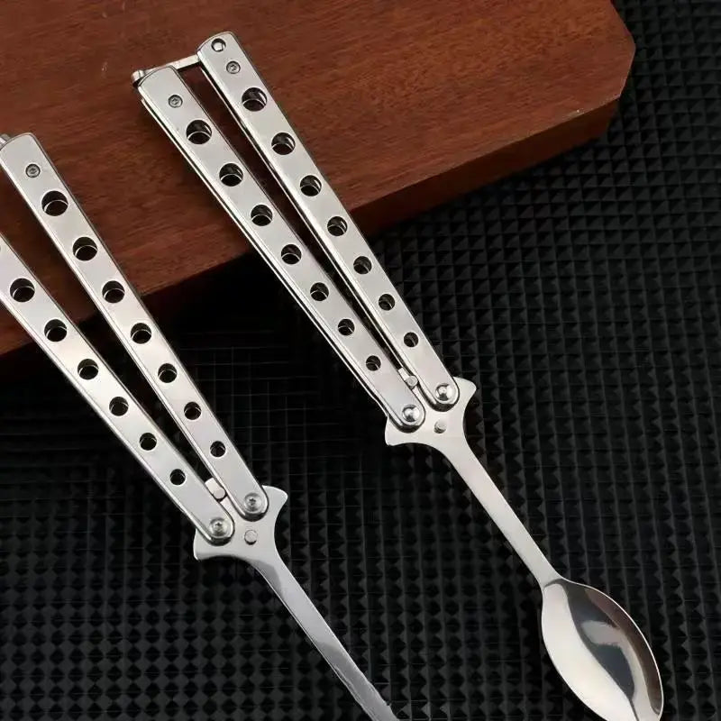 2-Piece Folding Stainless Steel Butterfly Fork & Spoon Set for Camping, Travel, BBQ & Kitchen Use