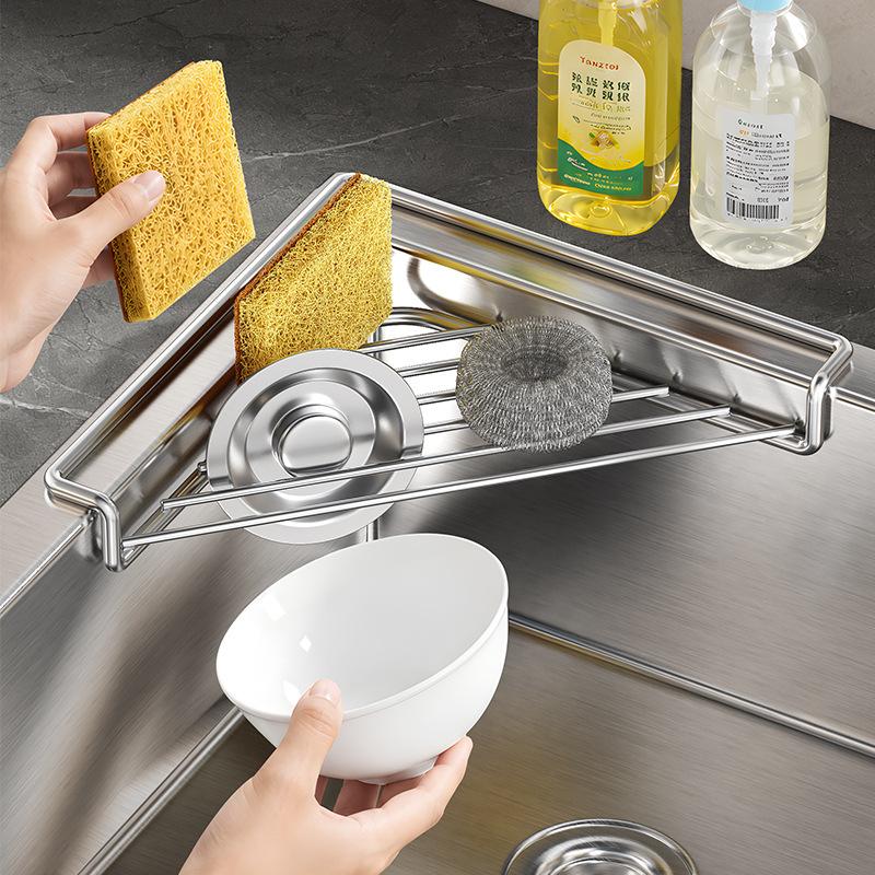 Stainless Steel Corner Sink Shelf with Triangular Open Wire Rack Design, Drainage and Raised Side for Daily Sink Areas Organizer Sponge Holder Cloth Rack Brush Rest Triangular Shelf Open