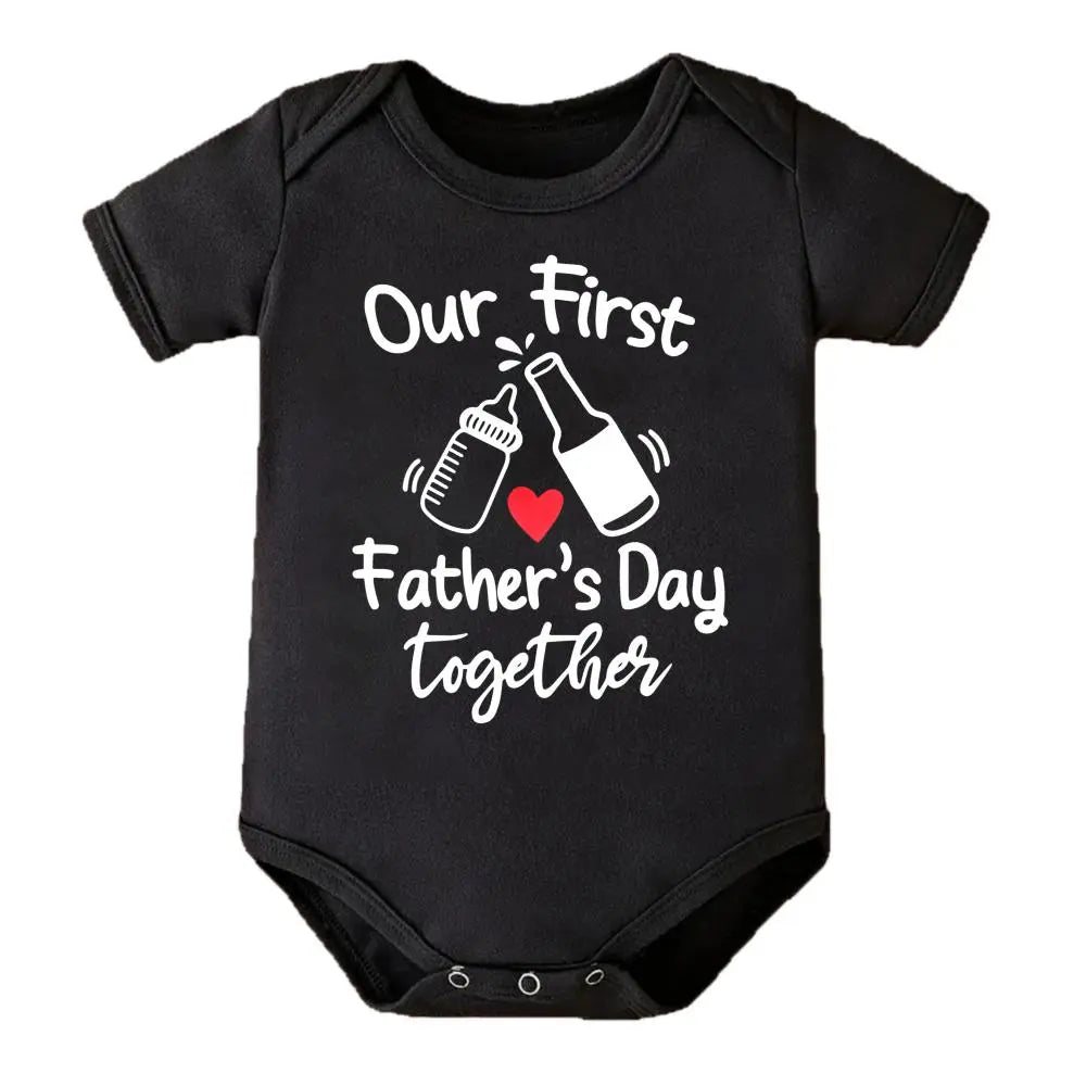 Cute Baby Bodysuit with Our First Fathers Day Together Bottle And Beer Design Print Soft Versatile Round Neck Button Detail Regular Fit All Seasons Knitted Fabric Onesie for 0-12 Months
