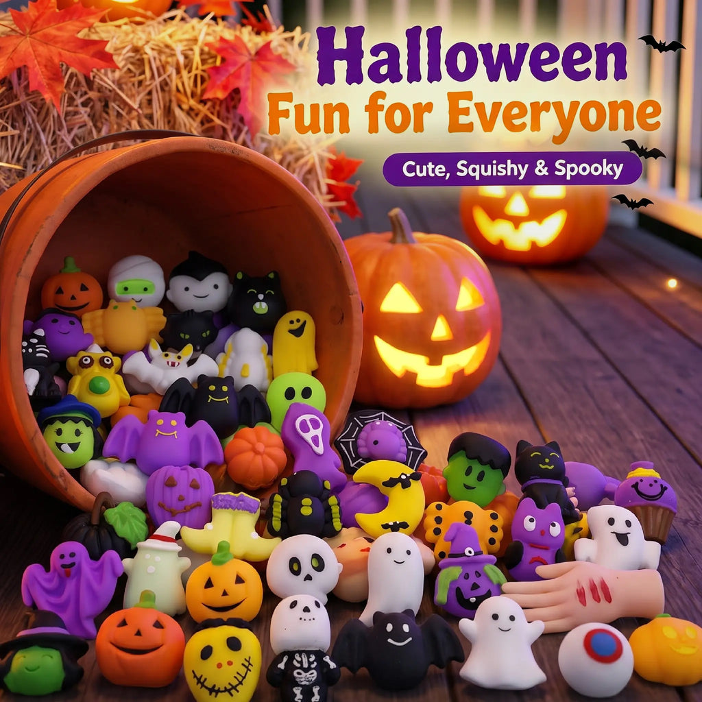 30/60/90-Pack Halloween Squishy Toys with Pumpkin, Ghost & Bat Shapes for Party Favors & Classroom Rewards