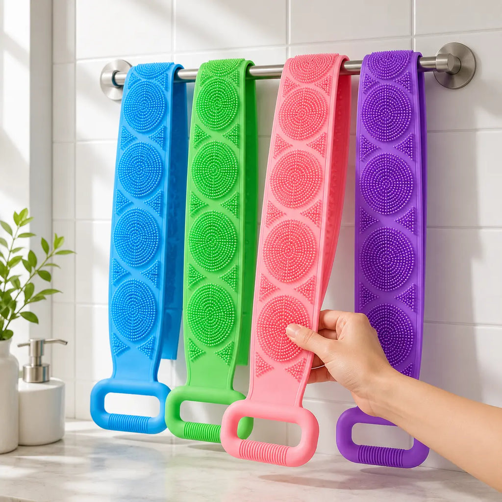 Double-Sided Silicone Bath Brush with Mesh Sponge, Long Back Scrubber Strap with Soft Bristles & Handles for Full-Body Cleansing