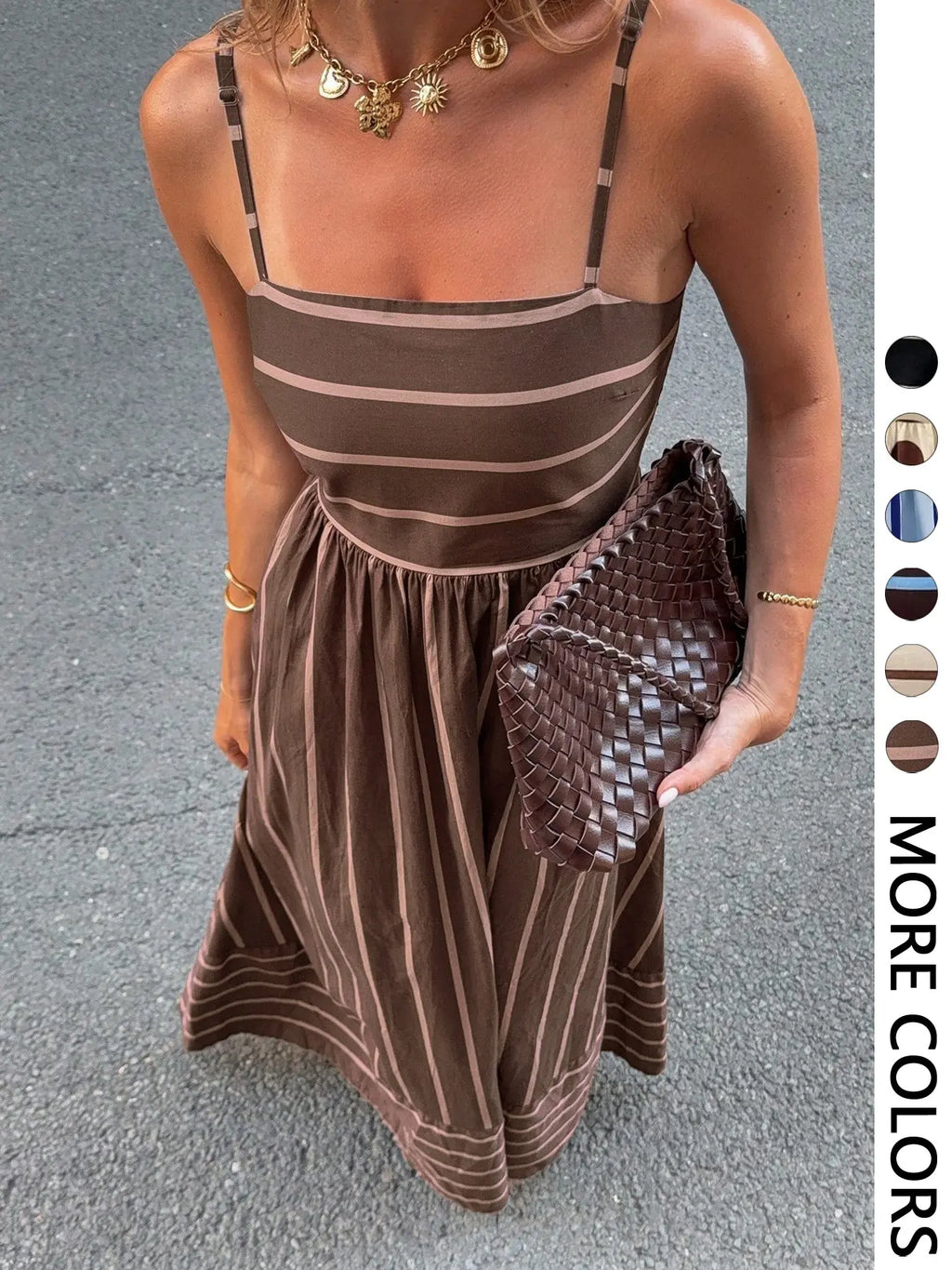 Women's Striped Print Casual Lightweight Summer Vacation Square Neck Thin Strap Dress, French Vintage Style, Perfect for Holidays