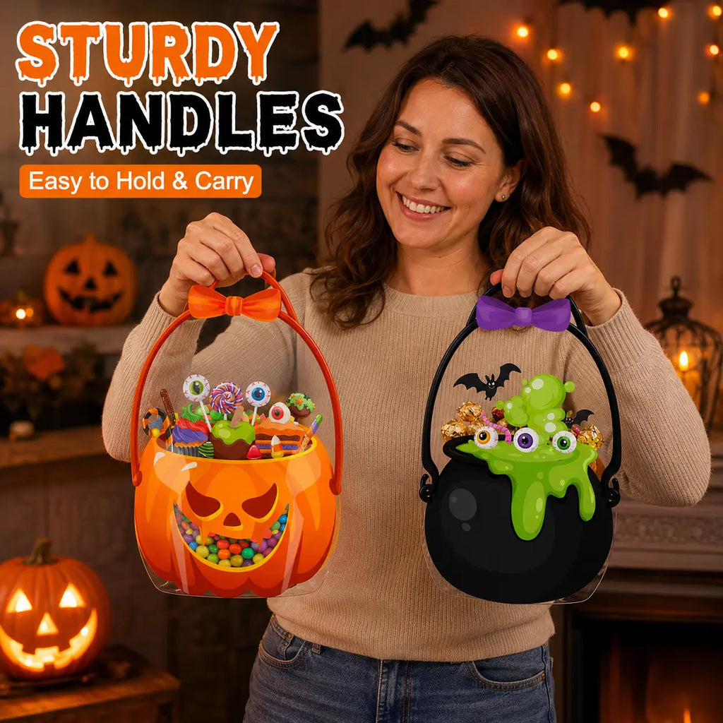 Halloween Plastic Goodie Bags with Pumpkin, Skull, Cat & Skeleton Designs for Candy, Classroom & Party Favors