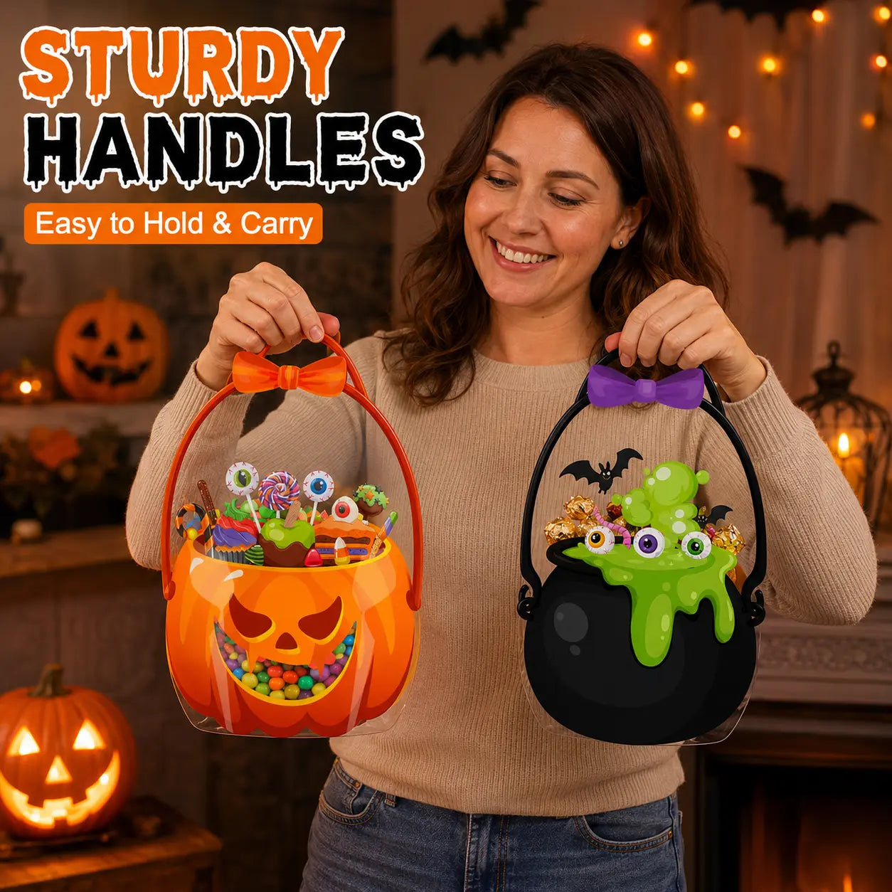 Halloween Plastic Goodie Bags with Pumpkin, Skull, Cat & Skeleton Designs for Candy, Classroom & Party Favors