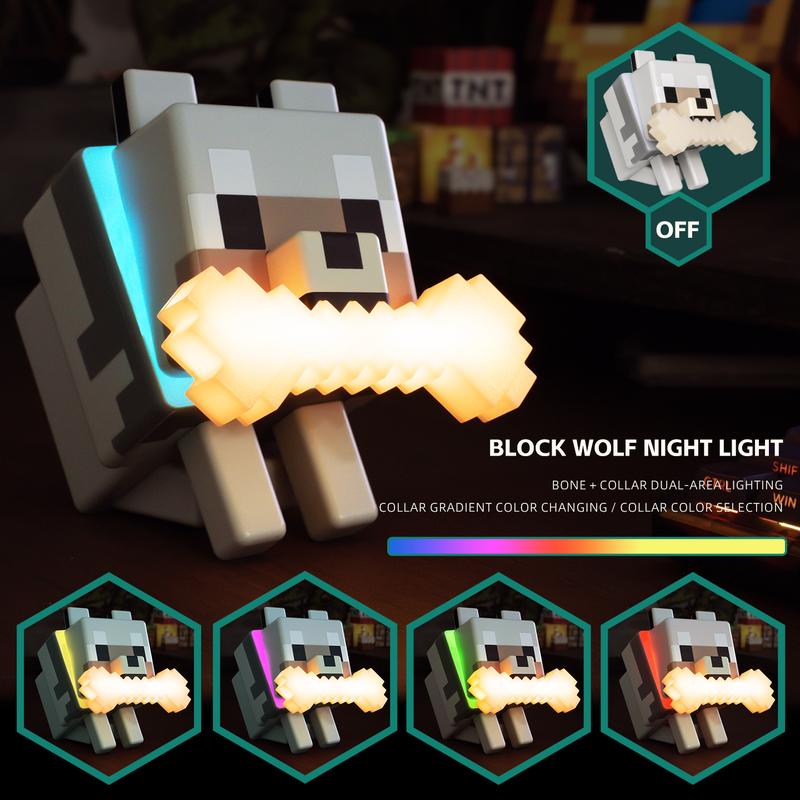 DIYCOM Pixel Wolf LED Night Light Game Style Wolf Lamp with Glowing Bone and RGB Collar Stylish Room Decor Christmas and New Year Gift Idea