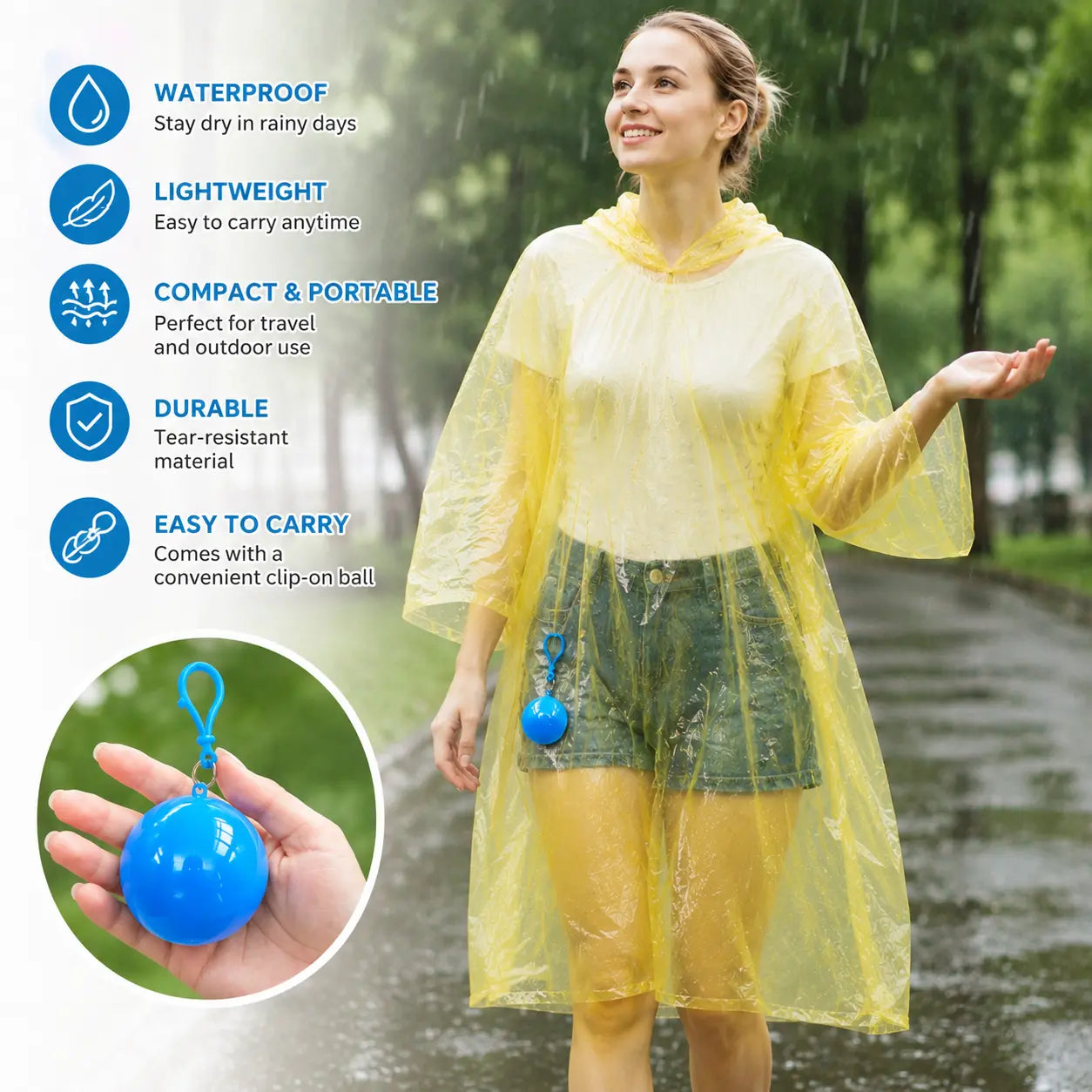 Waterproof Hooded Disposable Rain Poncho with Keychain Ball, Portable Tear-Resistant Raincoat for Camping & Travel