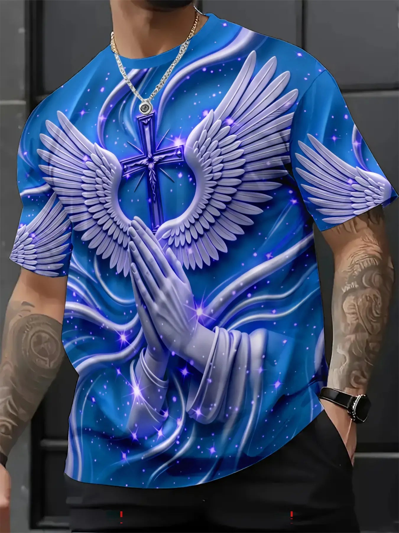 Men's 3D Cross & Angel Wings Graphic T-Shirt, Slim-Fit Short Sleeve Christian Crew Neck Summer Tee