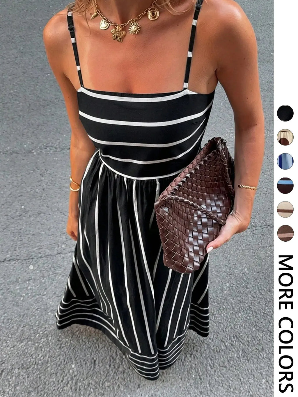 Women's Striped Print Casual Lightweight Summer Vacation Square Neck Thin Strap Dress, French Vintage Style, Perfect for Holidays