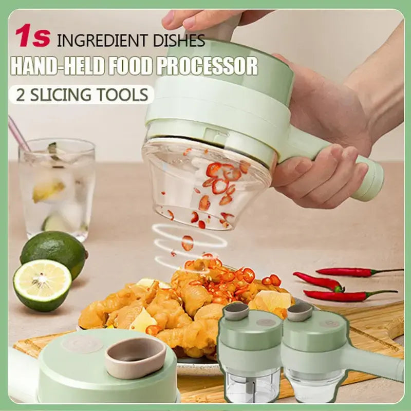 4-in-1 Handheld Electric Food Chopper with Chopping Blade, Slicer & Mixer for Garlic, Vegetables, Eggs & Salads