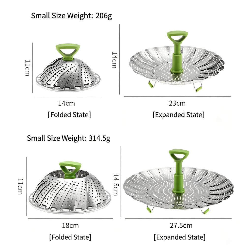 Expandable Stainless Steel Steamer Basket with Extendable Handle, Folding Insert for Various Pot Sizes