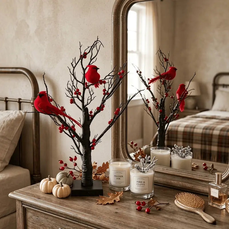 2-Piece 21-Inch LED Faux Raspberry Tree Lights with Bird Decorations
